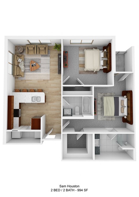 Floor plan for 2 beds, 2 baths, 994 sqft